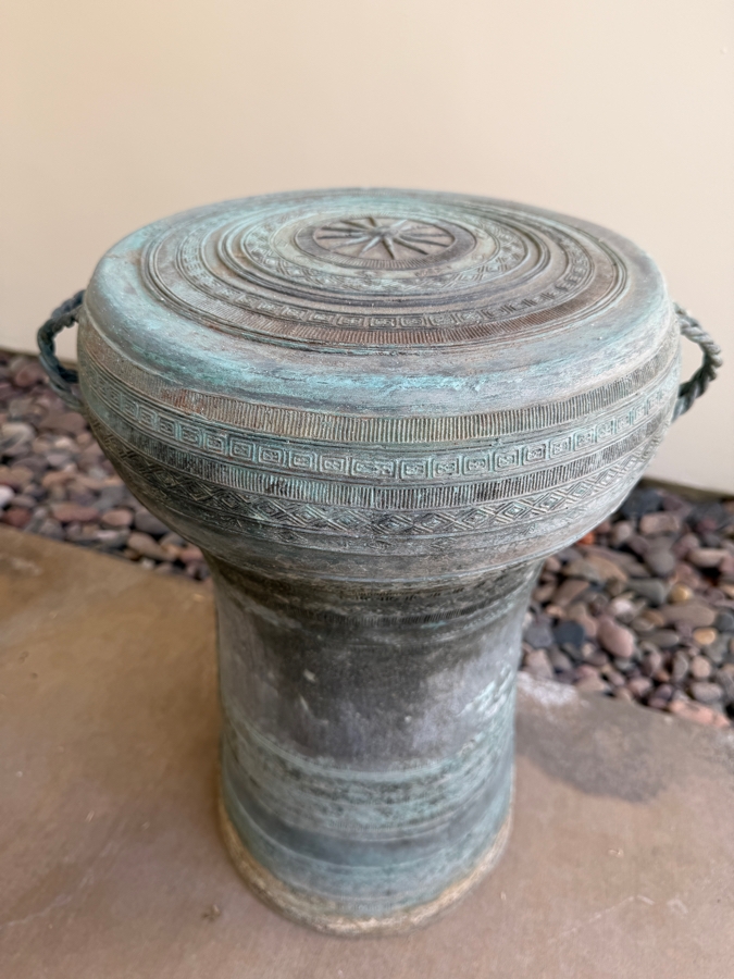 Southeast Asian Bronze Dong Son Rain Drum Pedestal With Weathered Verdigris Patina Finish 15'W X 19'H [Photo 3]