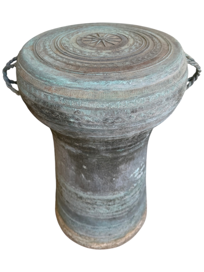 Southeast Asian Bronze Dong Son Rain Drum Pedestal With Weathered Verdigris Patina Finish 15'W X 19'H