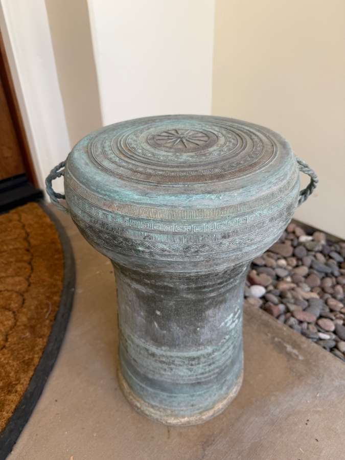Southeast Asian Bronze Dong Son Rain Drum Pedestal With Weathered Verdigris Patina Finish 15'W X 19'H [Photo 2]