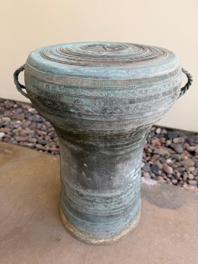 Southeast Asian Bronze Dong Son Rain Drum Pedestal With Weathered Verdigris Patina Finish 15'W X 19'H [Photo 4]