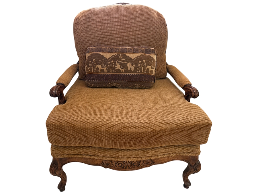 Vintage French Provincial Louis XV Style Armchair With Gold Chenille And Wooden Frame 34'W X 34'D X 42'H [Photo 2]
