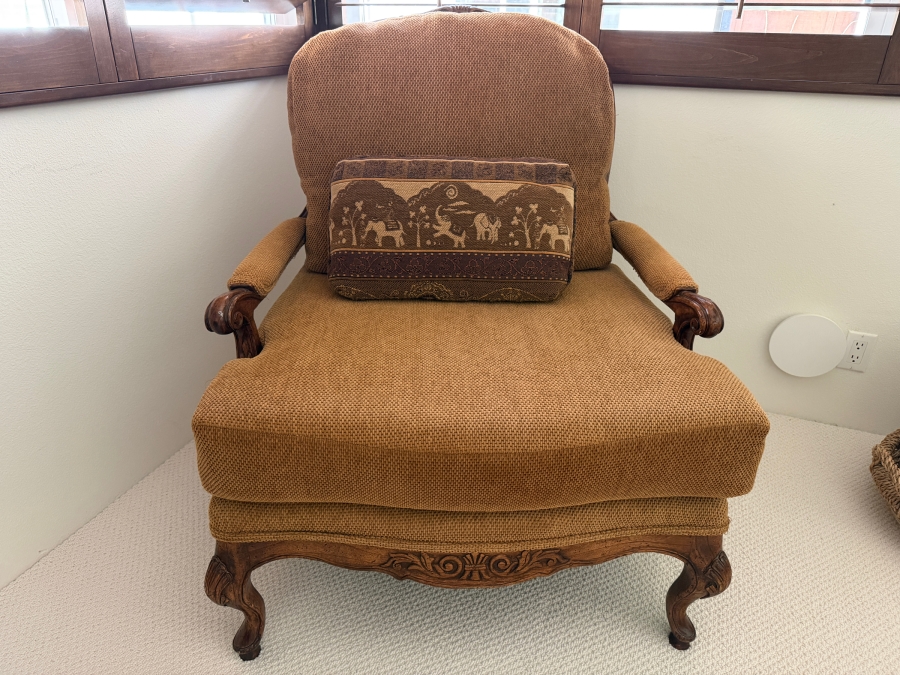 Vintage French Provincial Louis XV Style Armchair With Gold Chenille And Wooden Frame 34'W X 34'D X 42'H