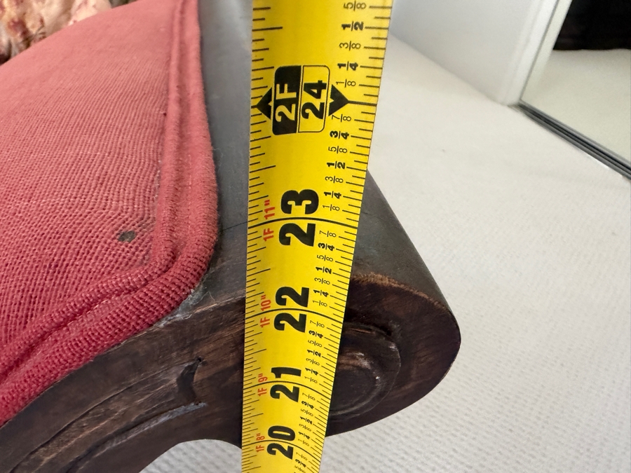 Vintage Regency Style Curved Gondola Bed Bench With Red Upholstered Seat Carved Scroll Ends And Turned Bobbin Legs 64'W X 24'D X 22'H [Photo 7]
