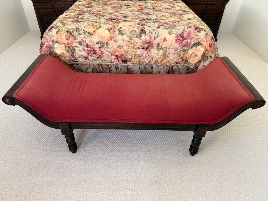 Vintage Regency Style Curved Gondola Bed Bench With Red Upholstered Seat Carved Scroll Ends And Turned Bobbin Legs 64'W X 24'D X 22'H [Photo 3]