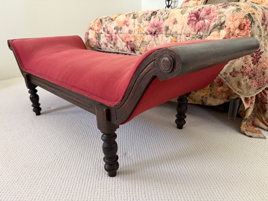 Vintage Regency Style Curved Gondola Bed Bench With Red Upholstered Seat Carved Scroll Ends And Turned Bobbin Legs 64'W X 24'D X 22'H [Photo 4]