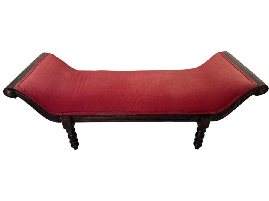 Vintage Regency Style Curved Gondola Bed Bench With Red Upholstered Seat Carved Scroll Ends And Turned Bobbin Legs 64'W X 24'D X 22'H