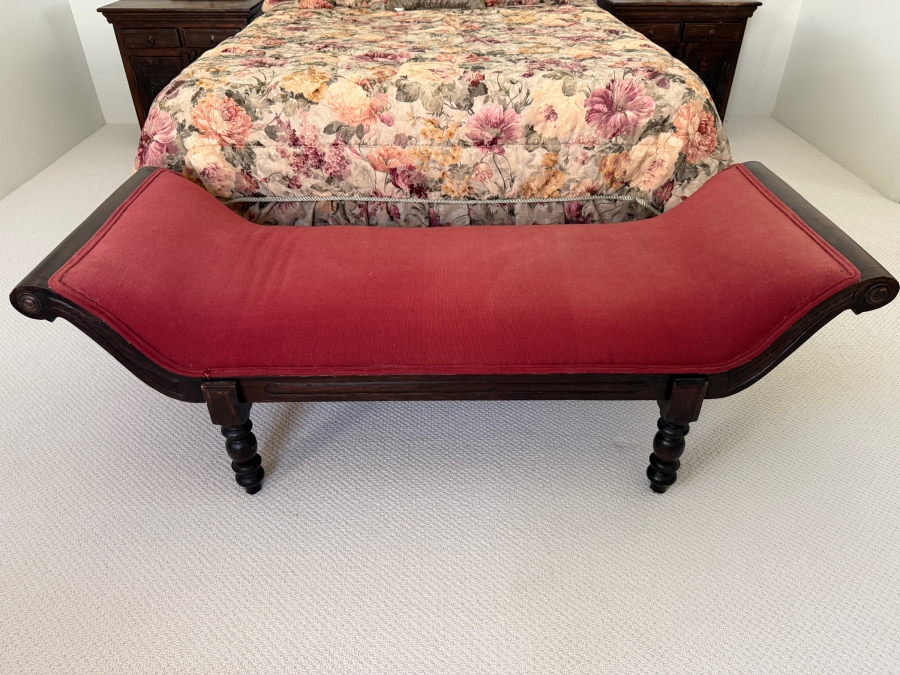 Vintage Regency Style Curved Gondola Bed Bench With Red Upholstered Seat Carved Scroll Ends And Turned Bobbin Legs 64'W X 24'D X 22'H [Photo 2]