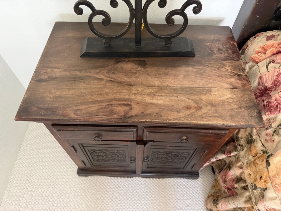 Pair of Vintage Hand Carved Hardwood Nightstands With Relief Carved Folk Motif Double Door Panels And Two Drawers 27'W X 18'D X 27'H [Photo 13]