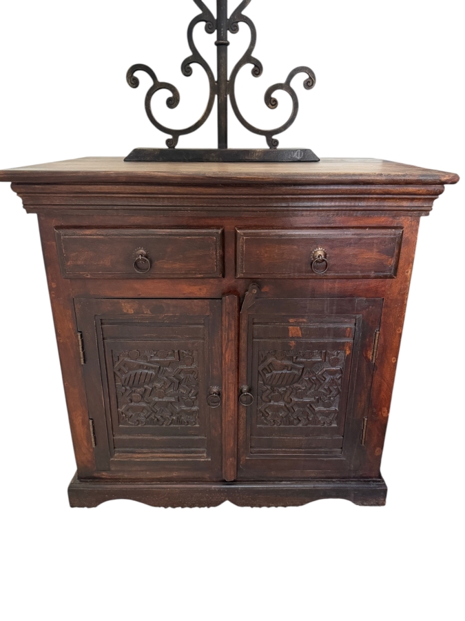 Pair of Vintage Hand Carved Hardwood Nightstands With Relief Carved Folk Motif Double Door Panels And Two Drawers 27'W X 18'D X 27'H