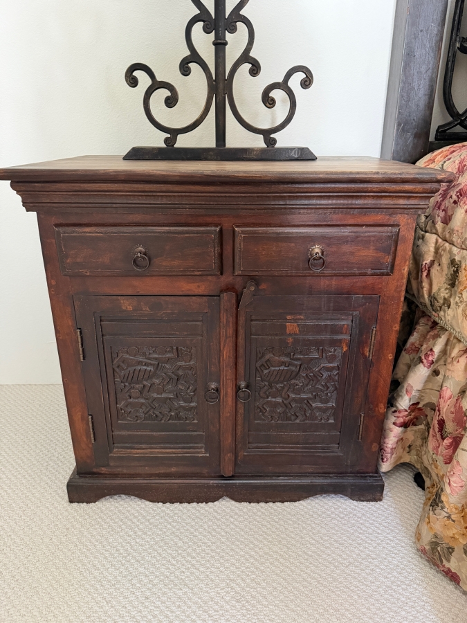 Pair of Vintage Hand Carved Hardwood Nightstands With Relief Carved Folk Motif Double Door Panels And Two Drawers 27'W X 18'D X 27'H [Photo 2]