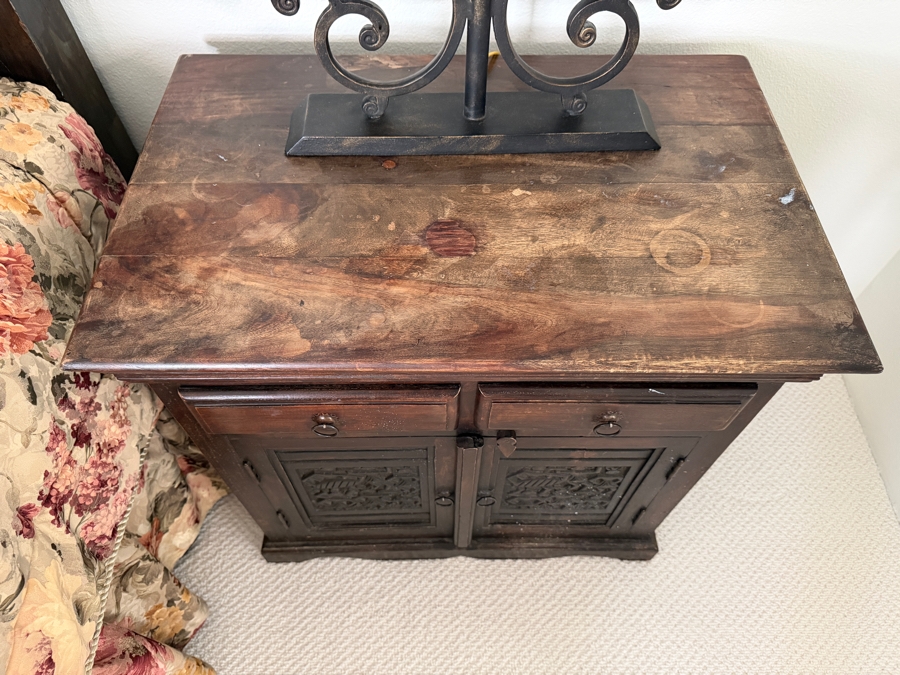 Pair of Vintage Hand Carved Hardwood Nightstands With Relief Carved Folk Motif Double Door Panels And Two Drawers 27'W X 18'D X 27'H [Photo 8]