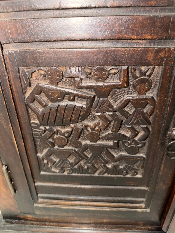 Pair of Vintage Hand Carved Hardwood Nightstands With Relief Carved Folk Motif Double Door Panels And Two Drawers 27'W X 18'D X 27'H [Photo 3]