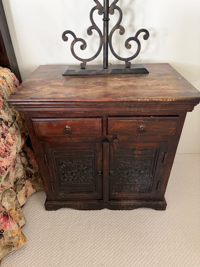Pair of Vintage Hand Carved Hardwood Nightstands With Relief Carved Folk Motif Double Door Panels And Two Drawers 27'W X 18'D X 27'H [Photo 6]