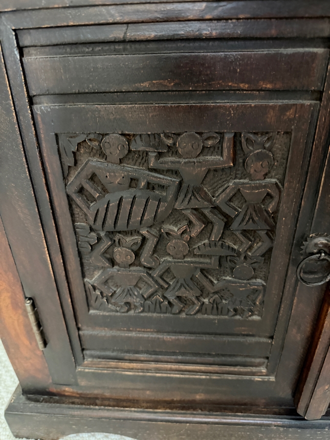 Pair of Vintage Hand Carved Hardwood Nightstands With Relief Carved Folk Motif Double Door Panels And Two Drawers 27'W X 18'D X 27'H [Photo 4]