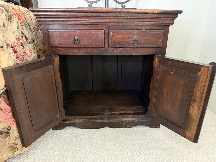 Pair of Vintage Hand Carved Hardwood Nightstands With Relief Carved Folk Motif Double Door Panels And Two Drawers 27'W X 18'D X 27'H [Photo 7]
