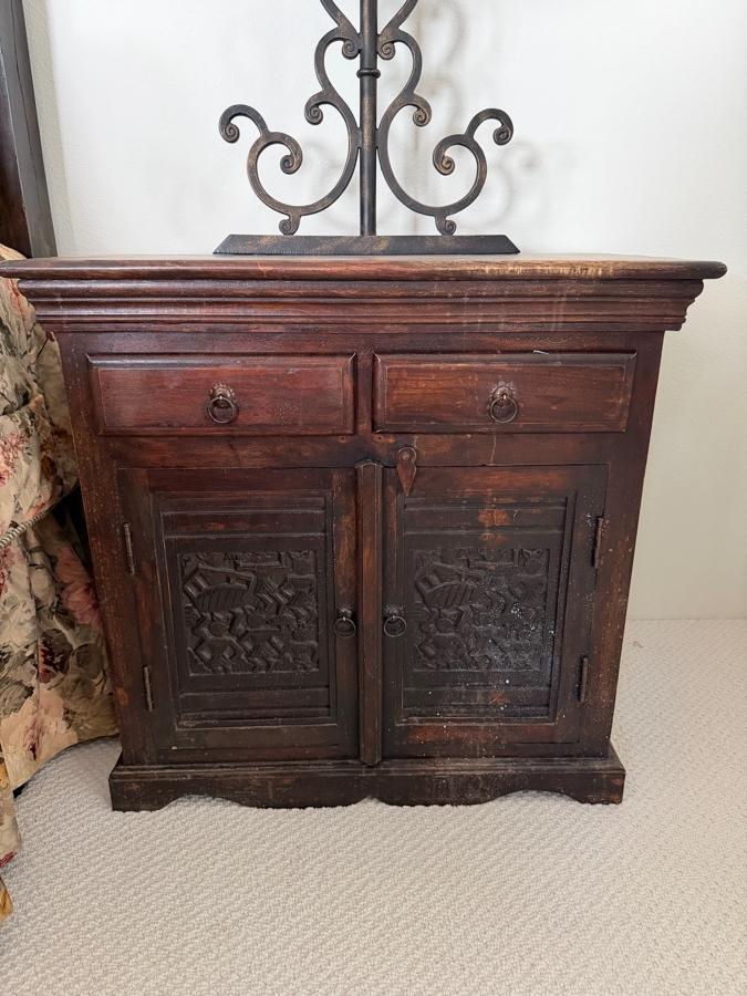 Pair of Vintage Hand Carved Hardwood Nightstands With Relief Carved Folk Motif Double Door Panels And Two Drawers 27'W X 18'D X 27'H [Photo 5]
