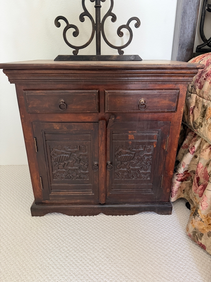 Pair of Vintage Hand Carved Hardwood Nightstands With Relief Carved Folk Motif Double Door Panels And Two Drawers 27'W X 18'D X 27'H [Photo 9]