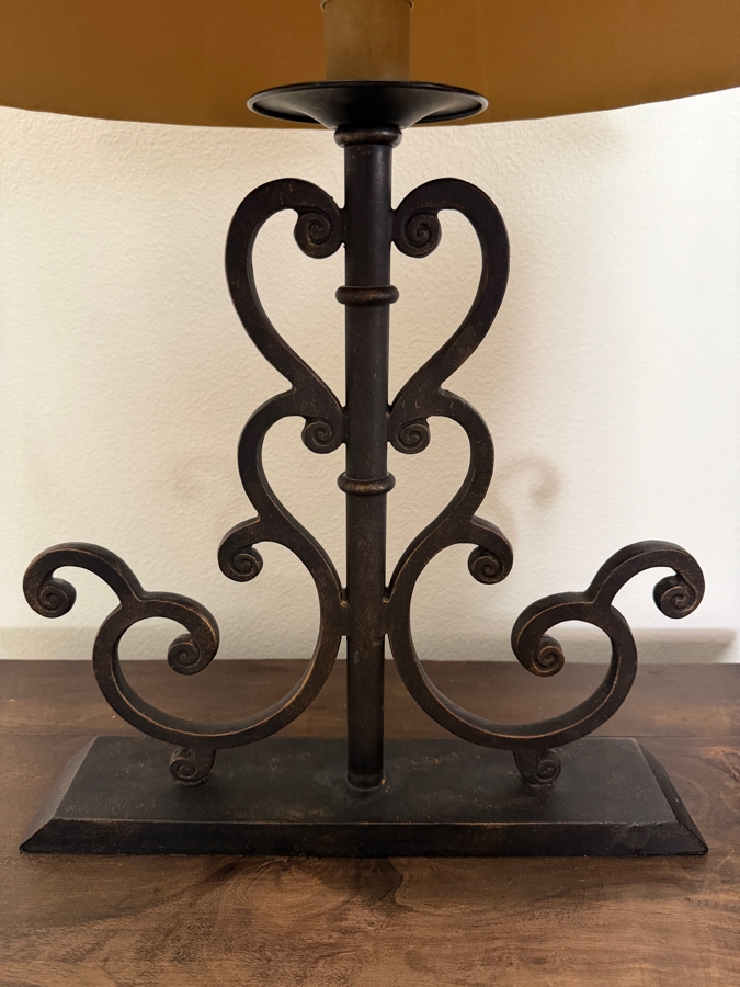 Pair Of Mediterranean Wrought Iron Scrolled Table Lamp With Textured Bell Shade 27'H [Photo 3]