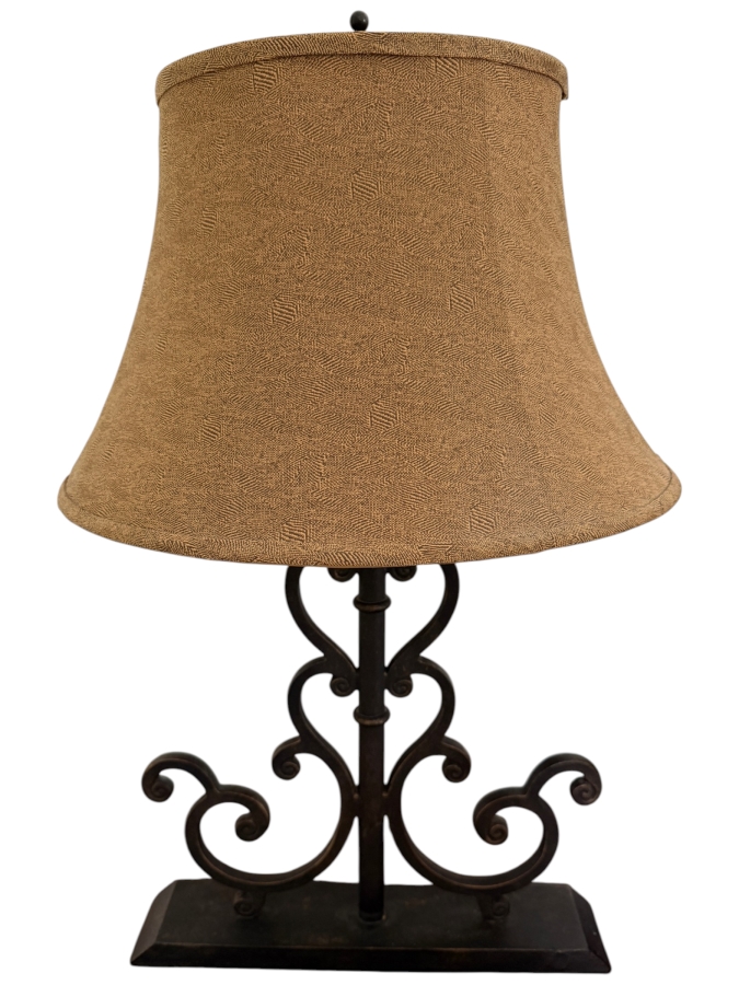 Pair Of Mediterranean Wrought Iron Scrolled Table Lamp With Textured Bell Shade 27'H