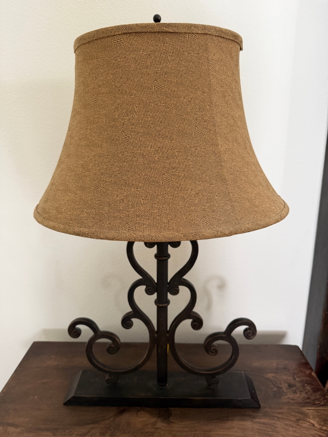 Pair Of Mediterranean Wrought Iron Scrolled Table Lamp With Textured Bell Shade 27'H [Photo 2]