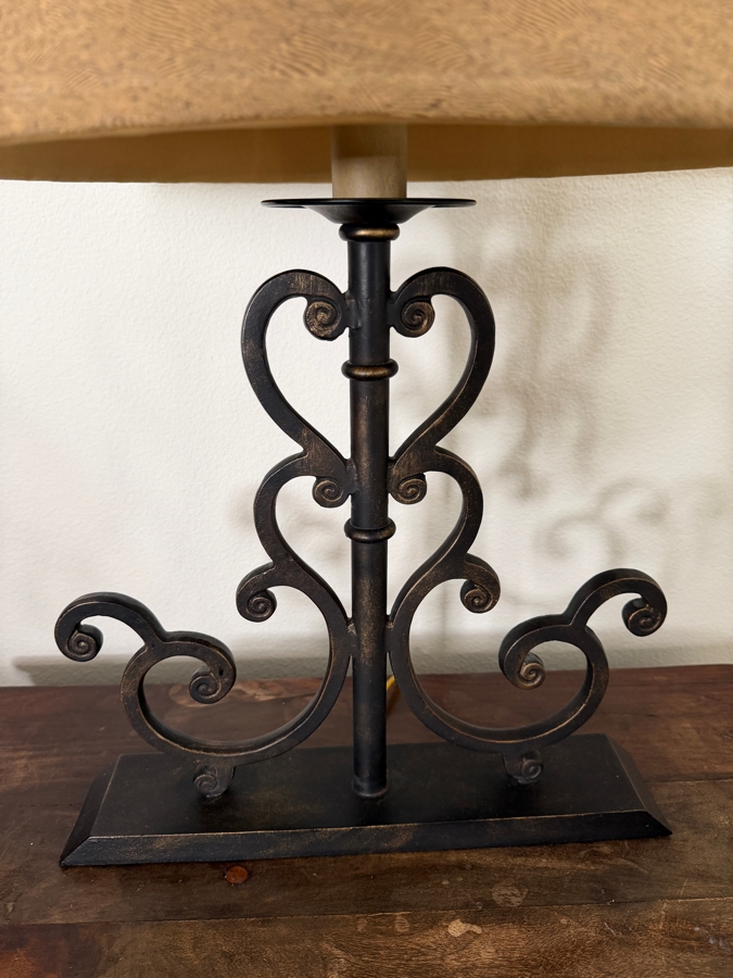 Pair Of Mediterranean Wrought Iron Scrolled Table Lamp With Textured Bell Shade 27'H [Photo 5]