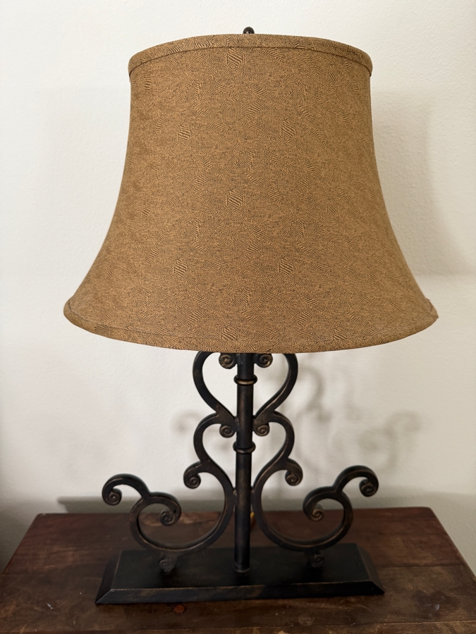 Pair Of Mediterranean Wrought Iron Scrolled Table Lamp With Textured Bell Shade 27'H [Photo 4]