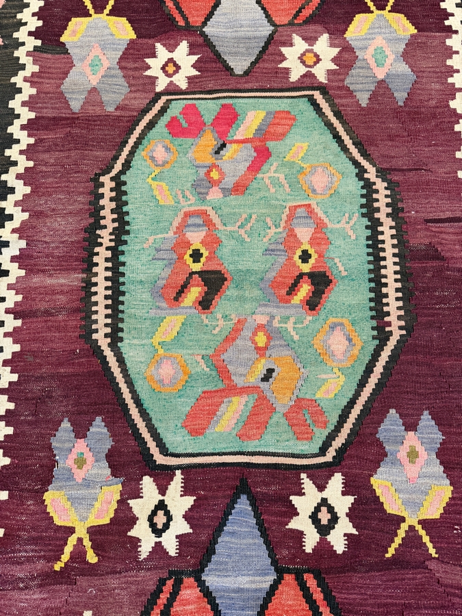 Vintage Handwoven Turkish Kilim Rug With Central Medallion And Colorful Geometric Tribal Borders 48'W X 92'L [Photo 5]