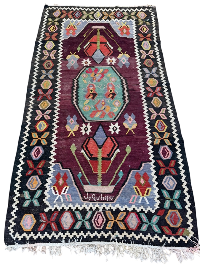 Vintage Handwoven Turkish Kilim Rug With Central Medallion And Colorful Geometric Tribal Borders 48'W X 92'L