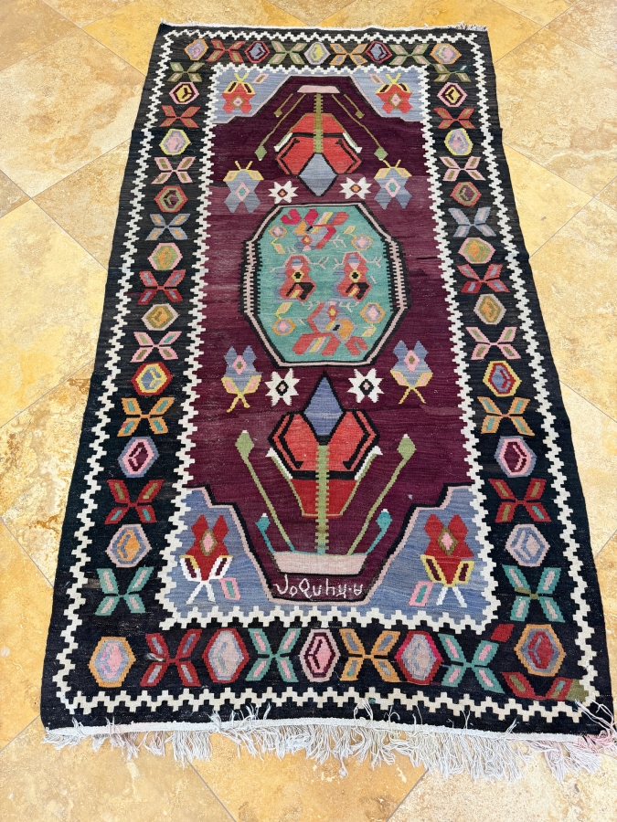 Vintage Handwoven Turkish Kilim Rug With Central Medallion And Colorful Geometric Tribal Borders 48'W X 92'L [Photo 2]