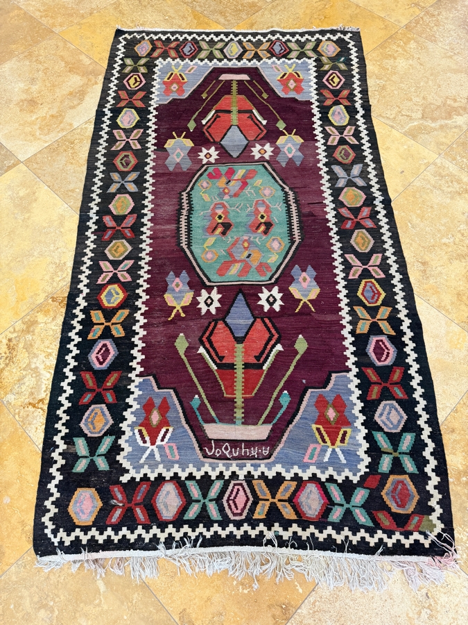 Vintage Handwoven Turkish Kilim Rug With Central Medallion And Colorful Geometric Tribal Borders 48'W X 92'L [Photo 3]
