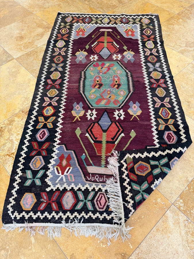 Vintage Handwoven Turkish Kilim Rug With Central Medallion And Colorful Geometric Tribal Borders 48'W X 92'L [Photo 7]