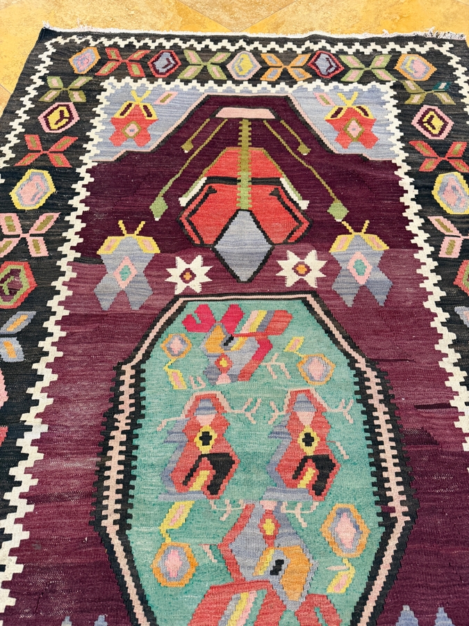 Vintage Handwoven Turkish Kilim Rug With Central Medallion And Colorful Geometric Tribal Borders 48'W X 92'L [Photo 6]