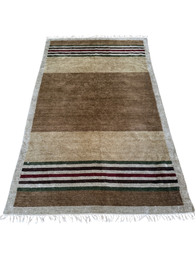Hand-Knotted Earth-Tone Striped Wool Area Rug With Fringed Edges
58'W X 98'L