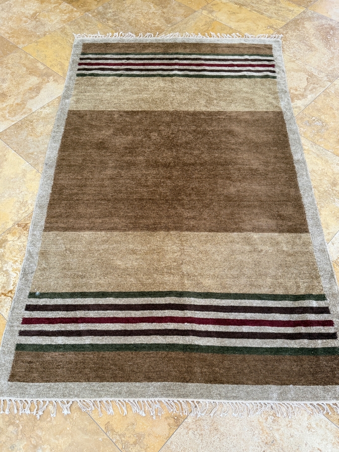 Hand-Knotted Earth-Tone Striped Wool Area Rug With Fringed Edges
58'W X 98'L [Photo 3]