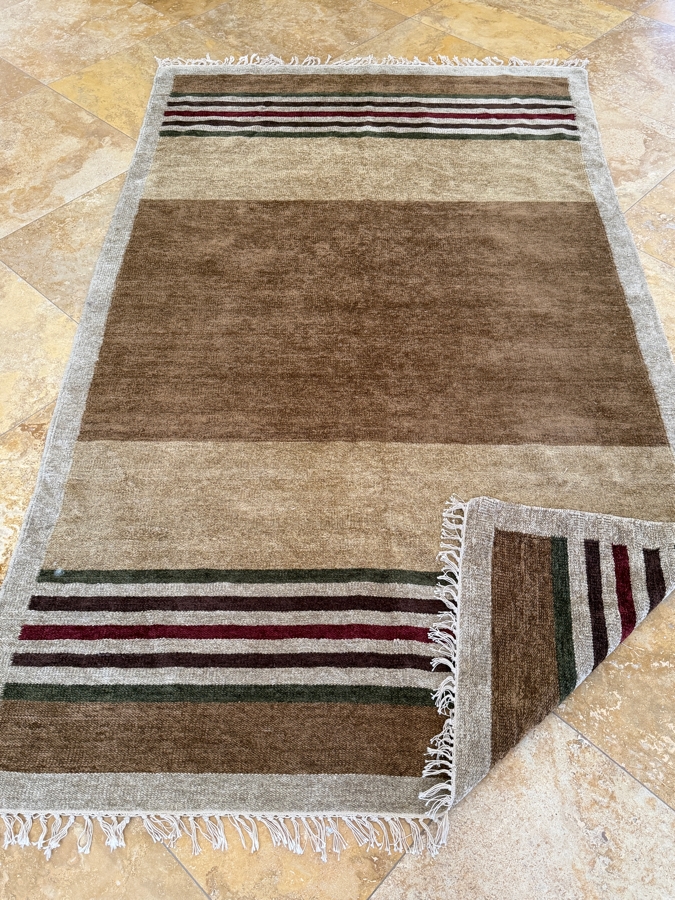 Hand-Knotted Earth-Tone Striped Wool Area Rug With Fringed Edges
58'W X 98'L [Photo 5]