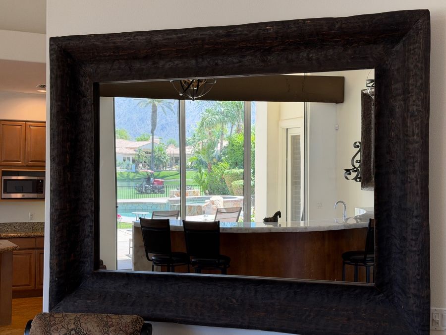 HUGE Rustic Hand Carved Reclaimed Wood Wall Mirror Featuring Oversized Chunky Beveled Frame In A Dark Wood Finish 88'W X 66'H