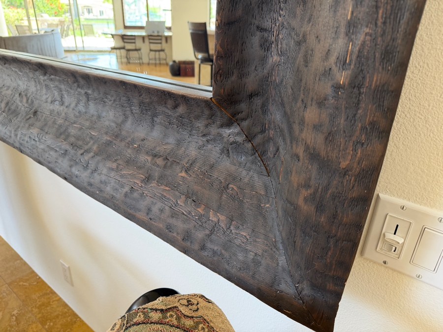 HUGE Rustic Hand Carved Reclaimed Wood Wall Mirror Featuring Oversized Chunky Beveled Frame In A Dark Wood Finish 88'W X 66'H [Photo 3]