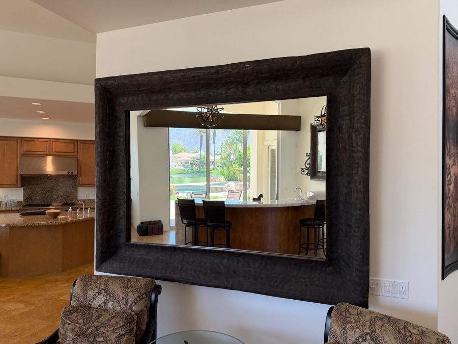HUGE Rustic Hand Carved Reclaimed Wood Wall Mirror Featuring Oversized Chunky Beveled Frame In A Dark Wood Finish 88'W X 66'H [Photo 2]