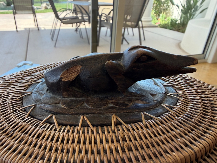 Vintage Indonesian Hand-Woven Rattan Basket With Hand-Carved Wood Lizard Finial 10.5'W X 9'D X 7.5'H [Photo 4]