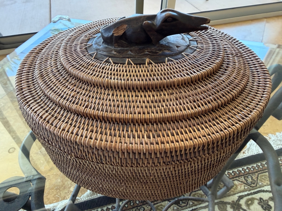 Vintage Indonesian Hand-Woven Rattan Basket With Hand-Carved Wood Lizard Finial 10.5'W X 9'D X 7.5'H [Photo 2]