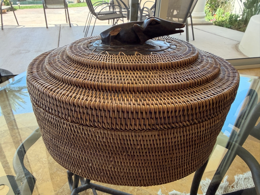Vintage Indonesian Hand-Woven Rattan Basket With Hand-Carved Wood Lizard Finial 10.5'W X 9'D X 7.5'H [Photo 3]