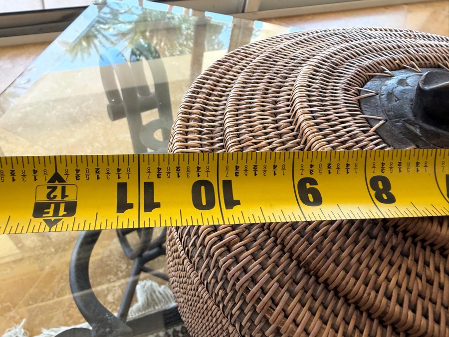 Vintage Indonesian Hand-Woven Rattan Basket With Hand-Carved Wood Lizard Finial 10.5'W X 9'D X 7.5'H [Photo 7]