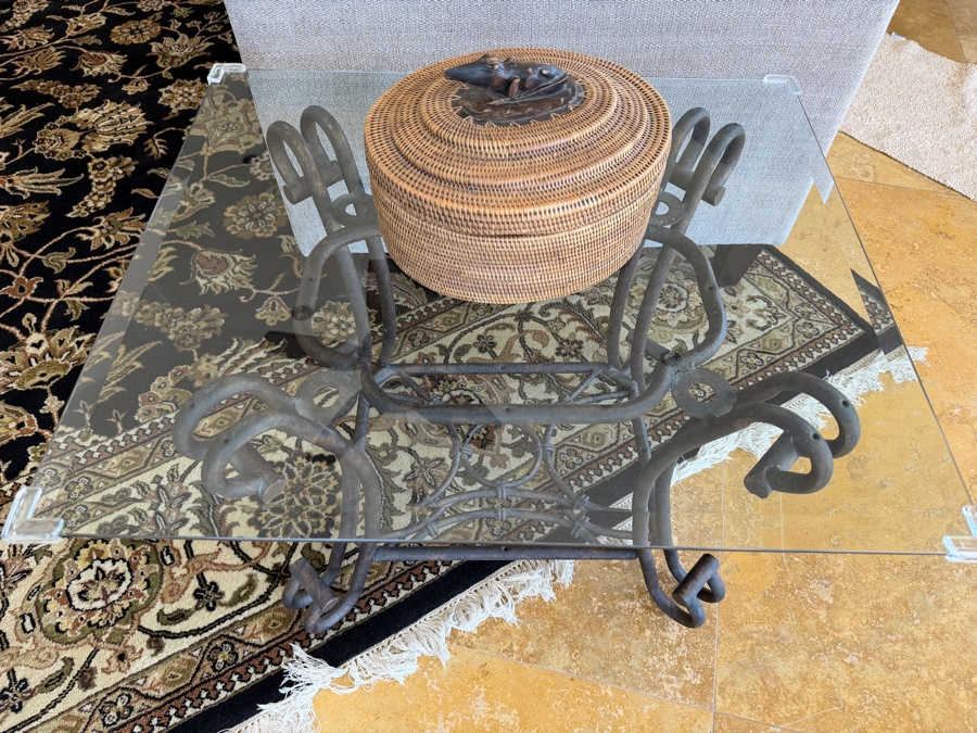 Neoclassical Wrought Iron Glass Top Side Table 28'W X 24'D X 22'H [Photo 4]