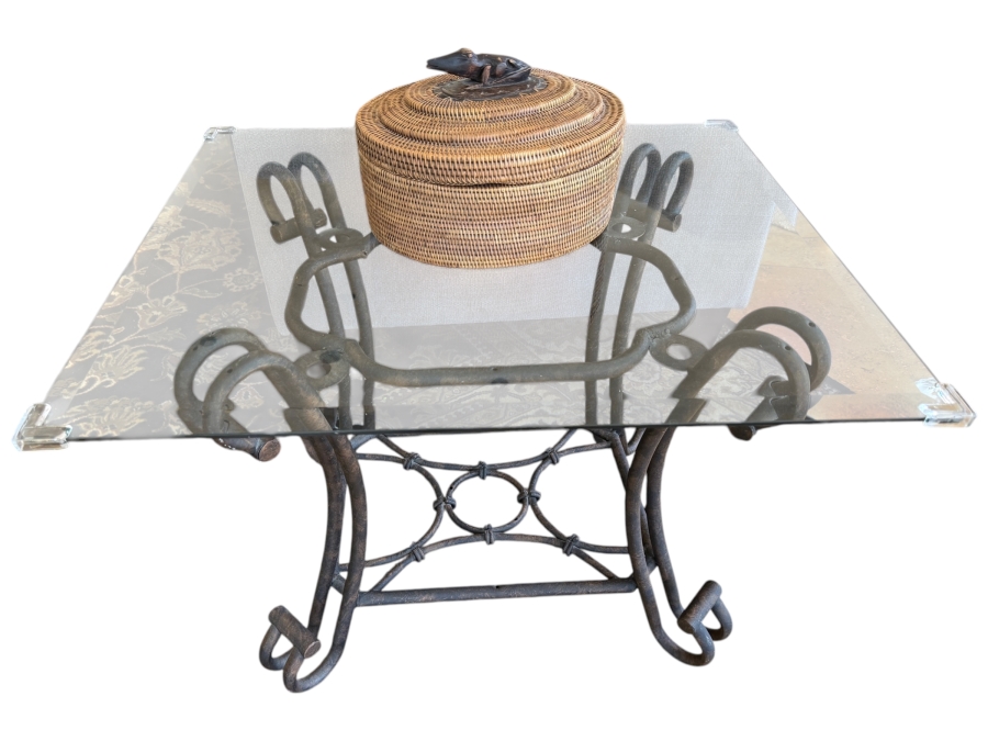 Neoclassical Wrought Iron Glass Top Side Table 28'W X 24'D X 22'H