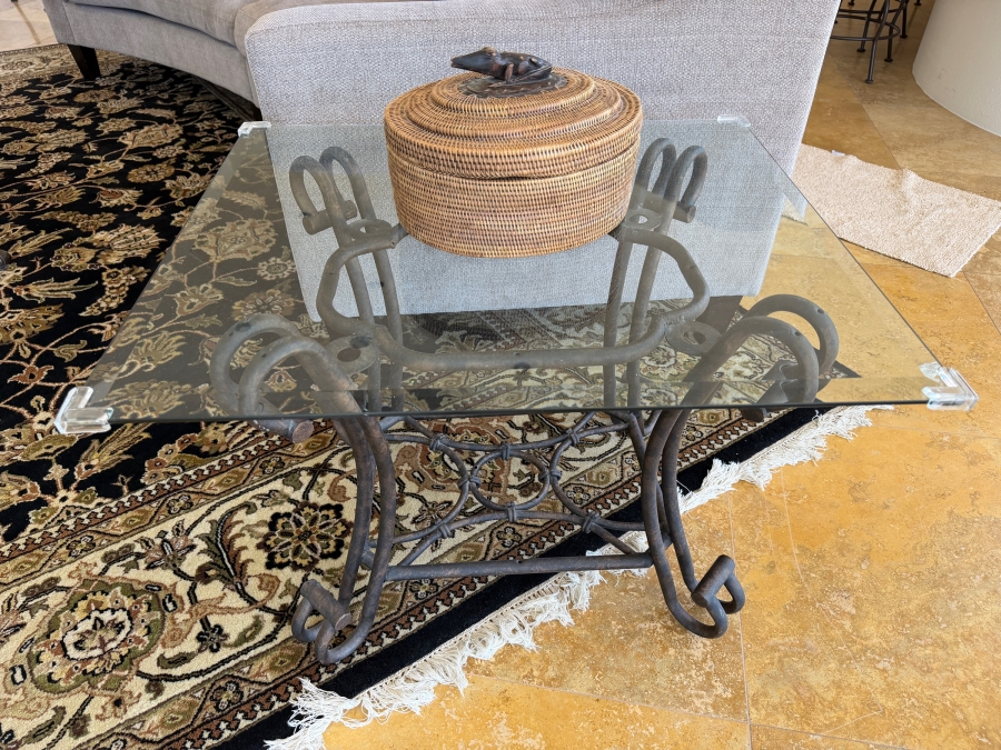 Neoclassical Wrought Iron Glass Top Side Table 28'W X 24'D X 22'H [Photo 2]