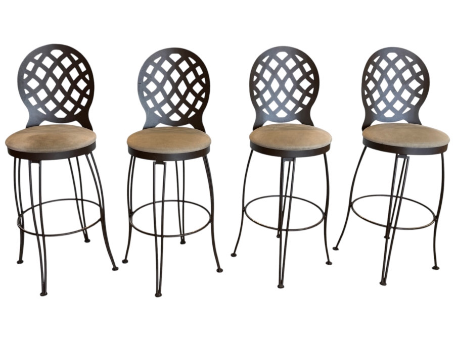 Set Of (4) Trica Dark Bronze Metal Swivel Bar Stools With Decorative Lattice Backs And Neutral Padded Upholstered Seats 30'H