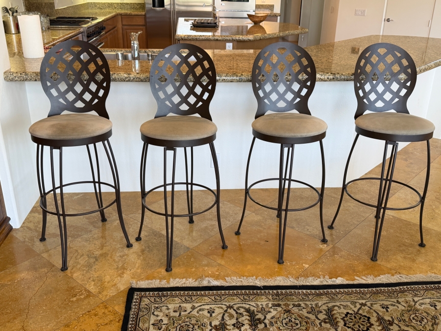 Set Of (4) Trica Dark Bronze Metal Swivel Bar Stools With Decorative Lattice Backs And Neutral Padded Upholstered Seats 30'H [Photo 2]