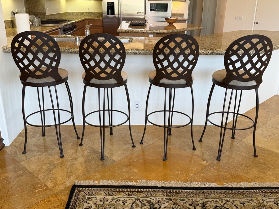 Set Of (4) Trica Dark Bronze Metal Swivel Bar Stools With Decorative Lattice Backs And Neutral Padded Upholstered Seats 30'H [Photo 3]