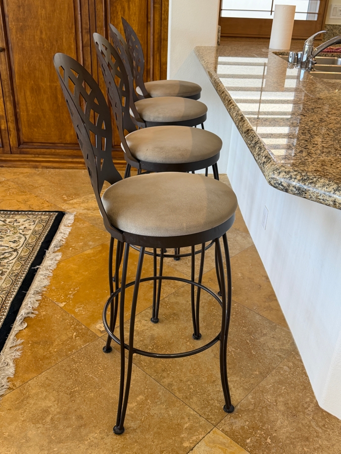 Set Of (4) Trica Dark Bronze Metal Swivel Bar Stools With Decorative Lattice Backs And Neutral Padded Upholstered Seats 30'H [Photo 5]