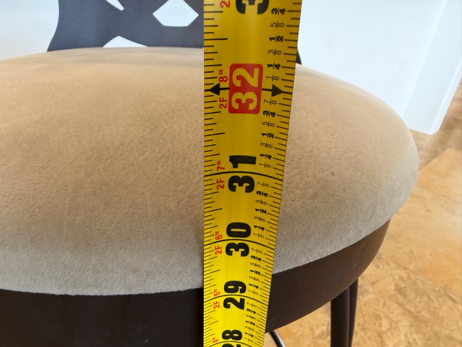 Set Of (4) Trica Dark Bronze Metal Swivel Bar Stools With Decorative Lattice Backs And Neutral Padded Upholstered Seats 30'H [Photo 7]